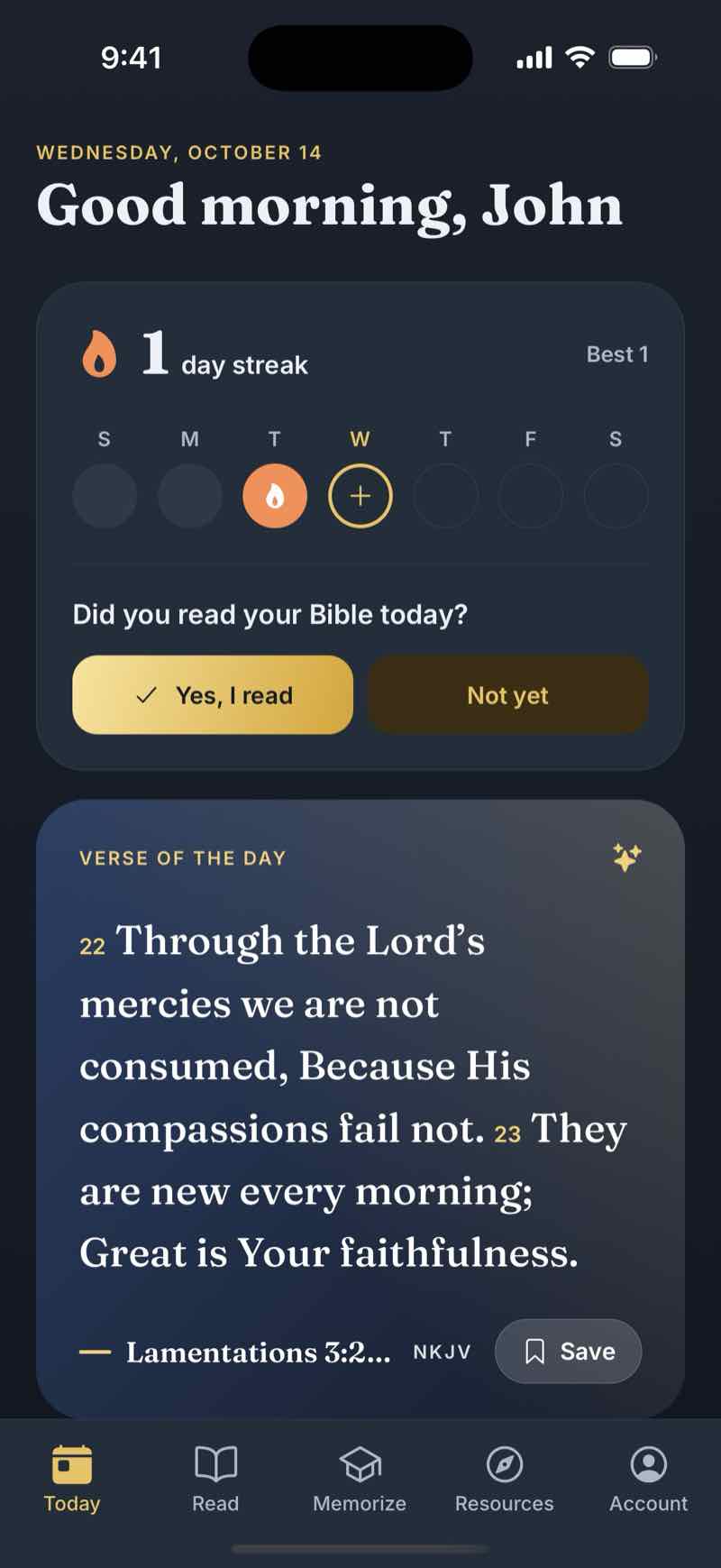 The app's Today screen with a reading streak and the Verse of the Day